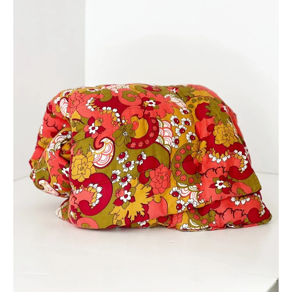 70s Red Orange Floral Bedspread Twin or Full Retro 70s Psychedelic Garden Cotton - Picture 2 of 8